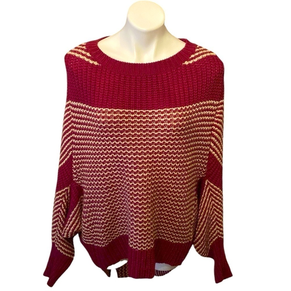 Umgee Red And Beige Oversized Slouchy Knit Sweater With Dolman Sleeves Size XL